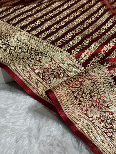 Maroon Shades Stripe Pattern Banarasi Satin Silk Saree SS46