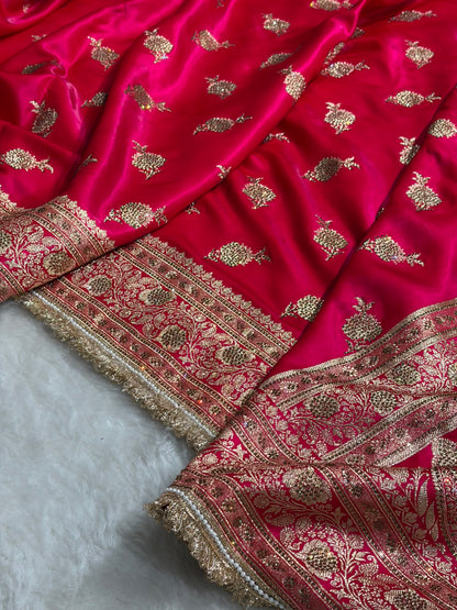 Satin Silk Saree Floral Boota With Swarovski & Gotta Patti Work in Cross Rani Shades BSSGP26