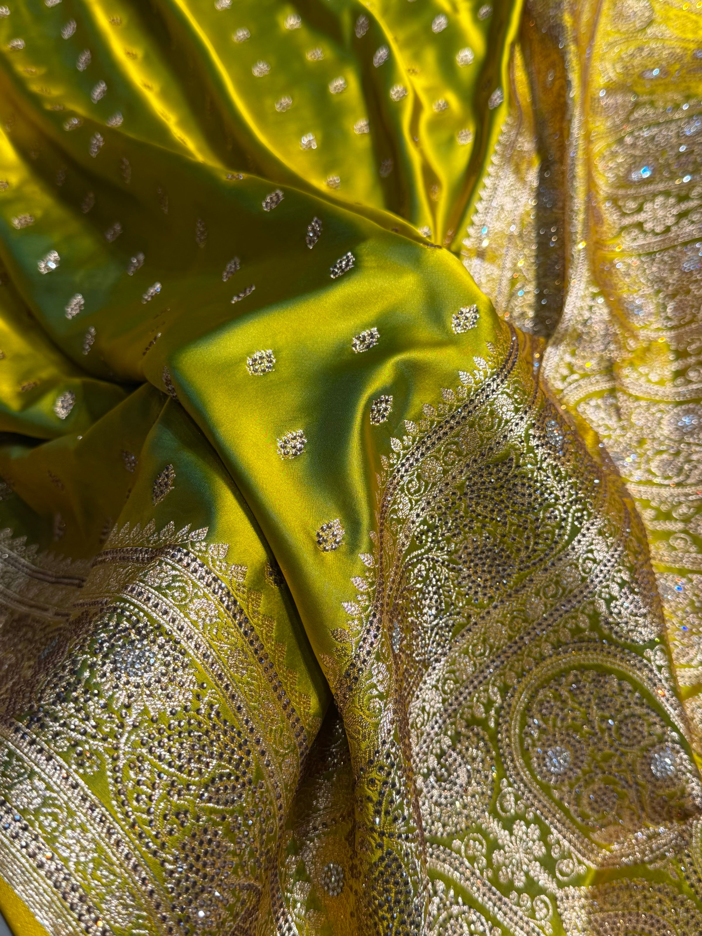 Banarasi Mehandi Booti Pattern With Swarovski Stone Work Satin Katan Silk Saree BSK53