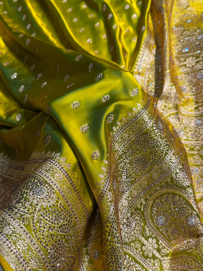 Banarasi Mehandi Booti Pattern With Swarovski Stone Work Satin Katan Silk Saree BSK53