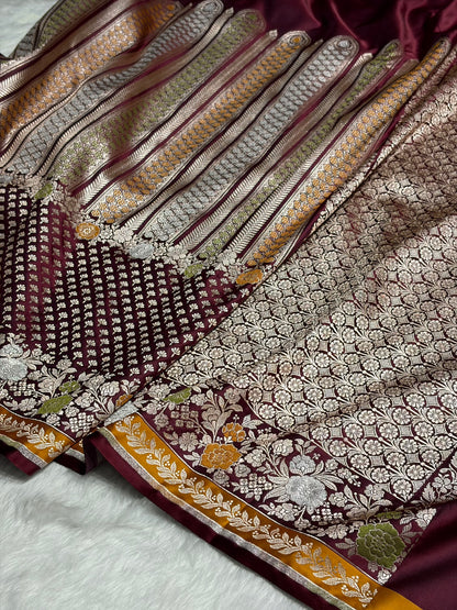 Garnet Shades Floral Minakari Skirt Border Mashru Silk Saree MSM-83