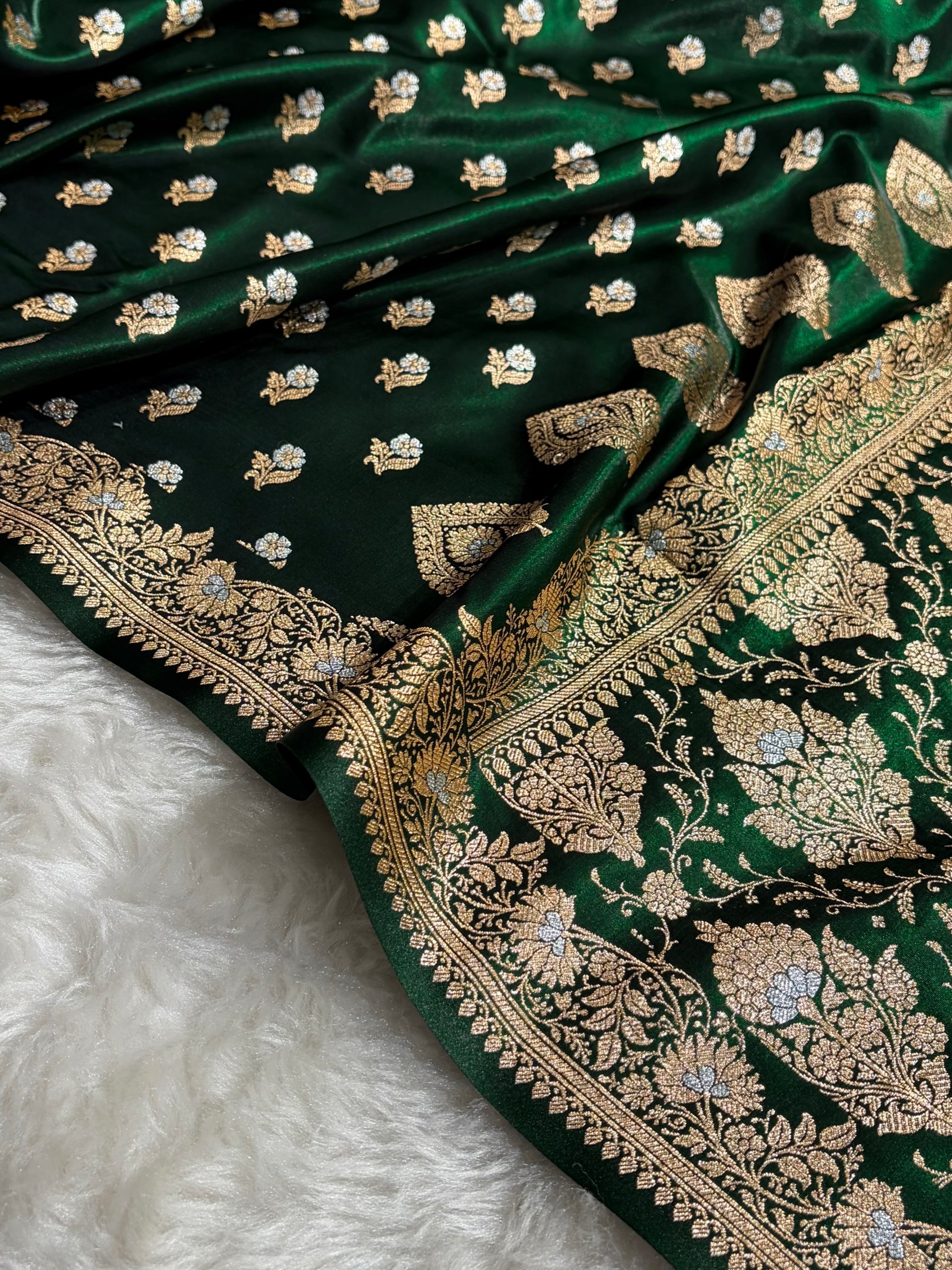 Banarasi Satin Silk Meena Boota in Bottle Green Shades SS38