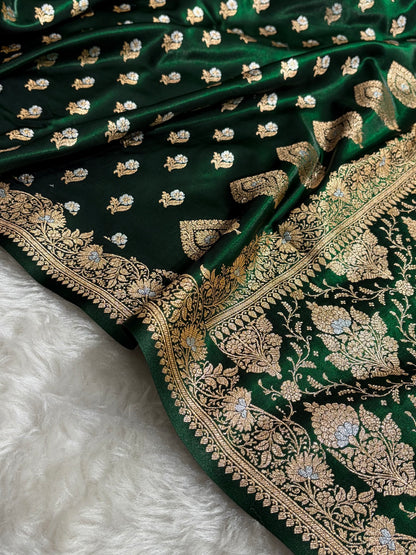Banarasi Satin Silk Meena Boota in Bottle Green Shades SS38