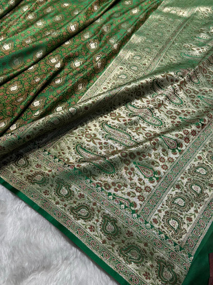 Bottle Green Jamawar Tanchoi With Minakari Jaal Katan Silk Saree SKTM-24