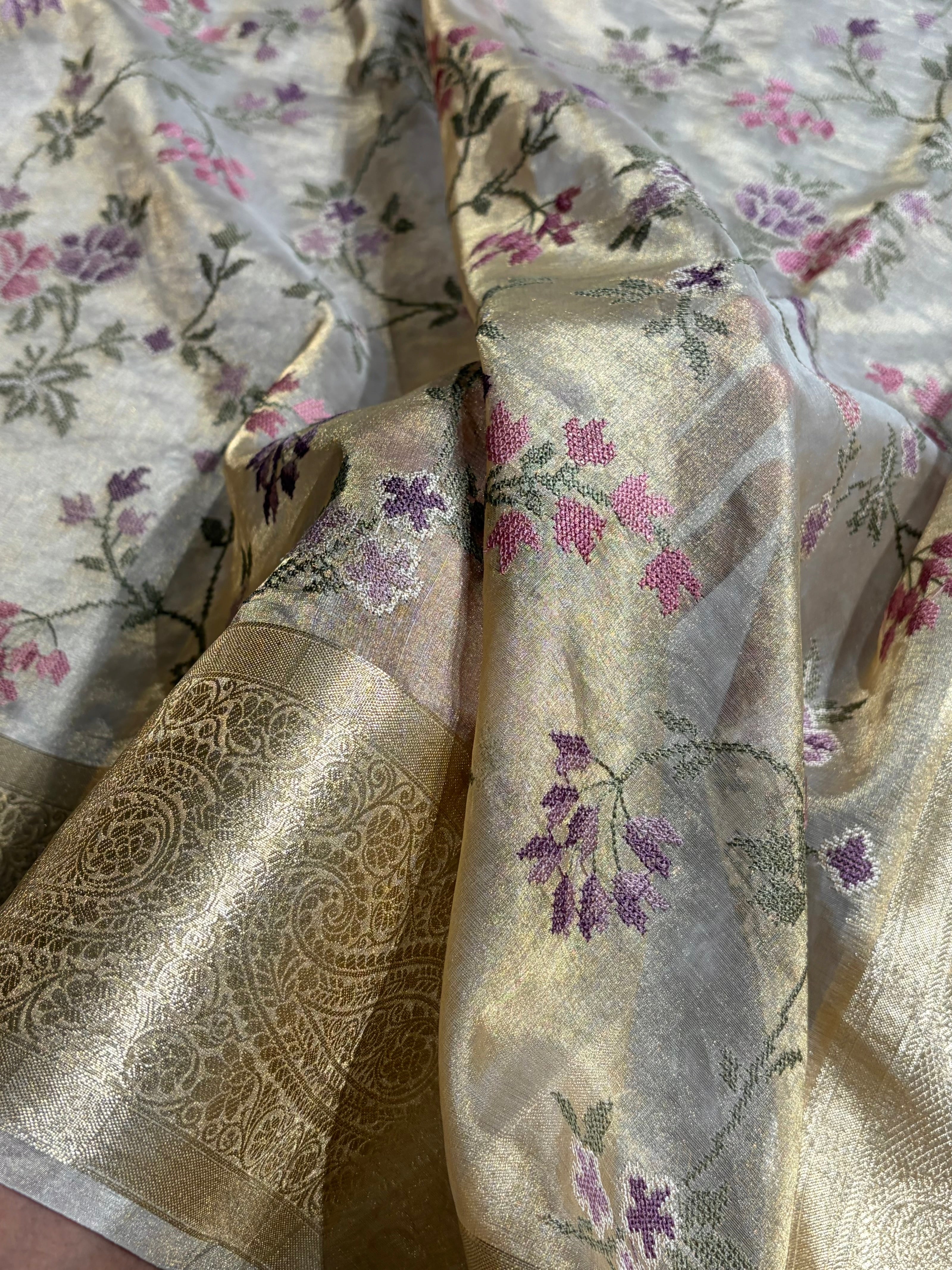 Beige Gold Shades With Floral Embroidered Pure Tissue Silk Saree with Brocade Blouse PTE-01
