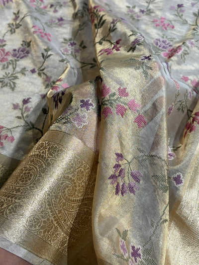 Beige Gold Shades With Floral Embroidered Pure Tissue Silk Saree with Brocade Blouse PTE-01