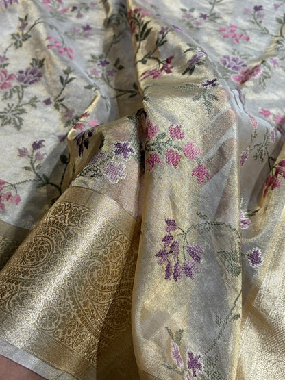 Beige Gold Shades With Floral Embroidered Pure Tissue Silk Saree with Brocade Blouse PTE-01