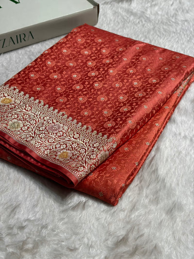 Strawberry Shades Booti Minakari Tanchoi Mashru Silk Saree MCS49