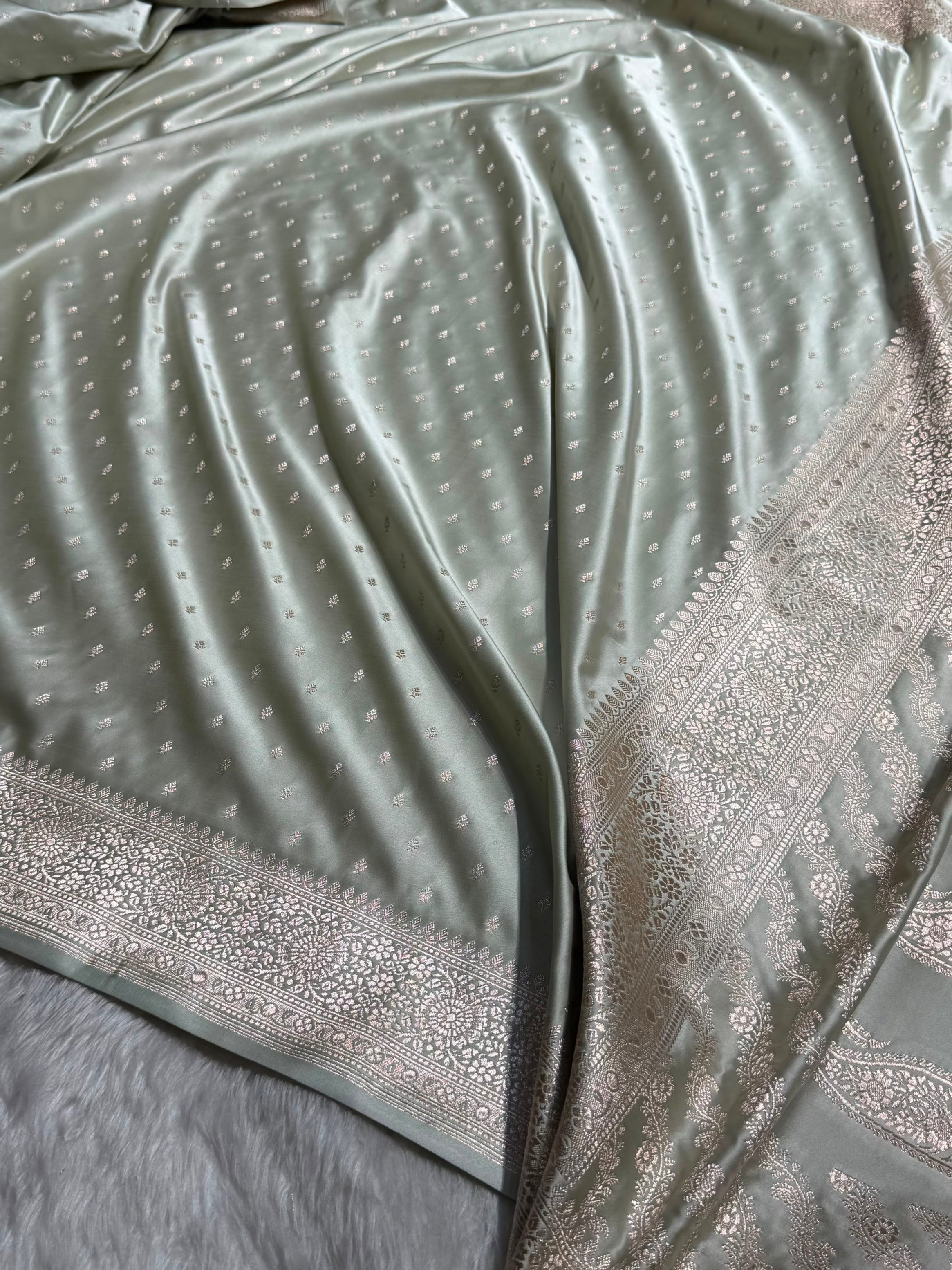 Pastel Pista Shades Banarasi With Floral Booti Pattern Mashru Silk Saree MSM-133
