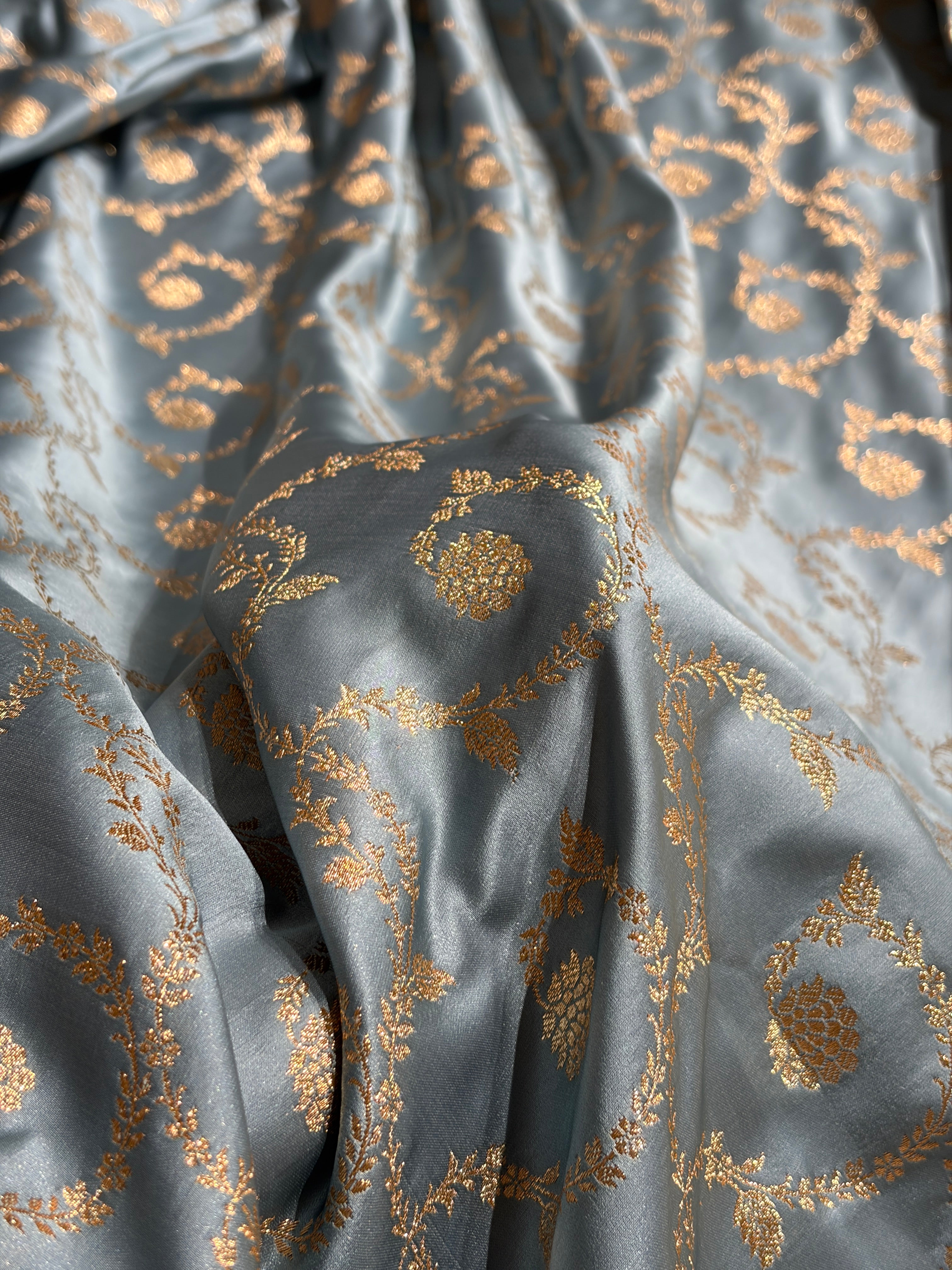 Powder Blue Shades Floral Jaal Pattern Satin Katan Silk saree SK55