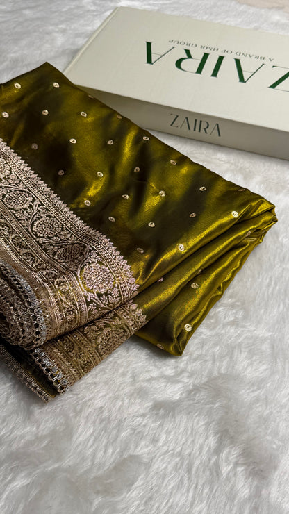 Satin Silk Dot Booti in Mehandi Shades with Swarovski work BSSGP08