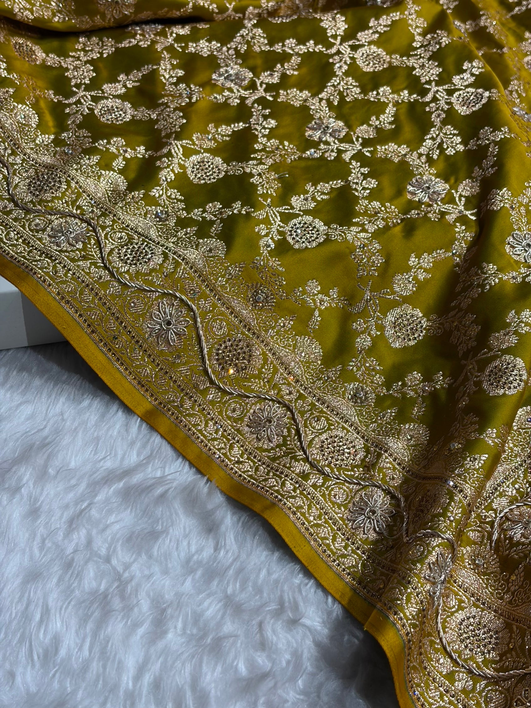 Liril Mahndi Shades Jaal Floral Pattern With Zardozi And Swarovski Stone Work Satin Katan Silk Saree BSK80