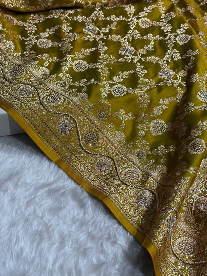 Liril Mahndi Shades Jaal Floral Pattern With Zardozi And Swarovski Stone Work Satin Katan Silk Saree BSK80