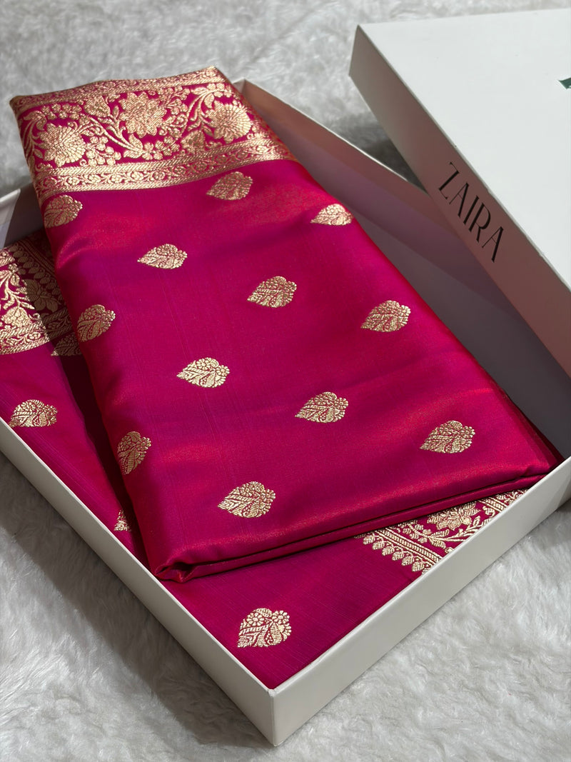 Cross Magenta Shades Booti Pattern Banarasi Satin Silk Saree SS58