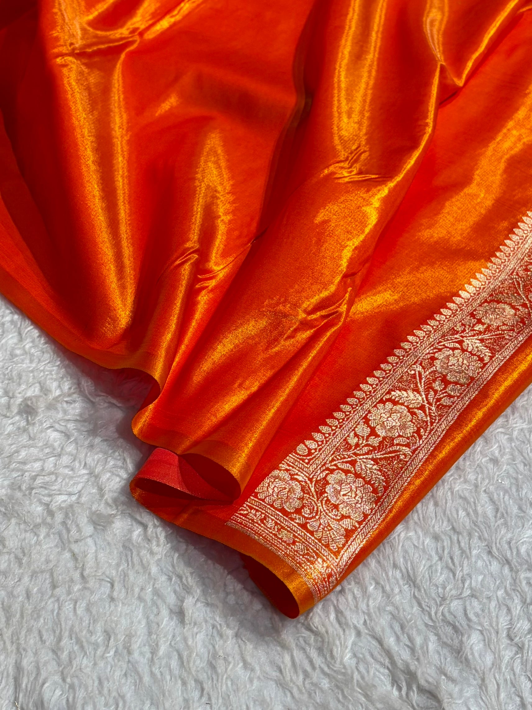 Satin Silk Saree Banarasi Cross with booti In Fire Gold Shades SS22