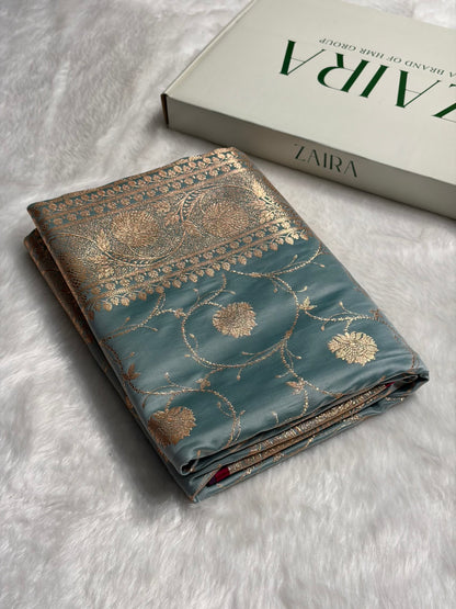 Turquoise Banarasi Jaal Satin Katan Silk Saree SK06