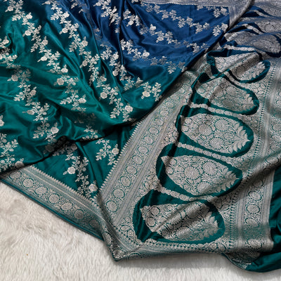 Ombre German Blue - Peacock Green Mashru Silk Saree MS01