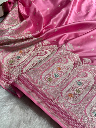 Banarasi Skirt Border Pattern in Baby Pink Shades Floral Mashru Silk Saree MCS95