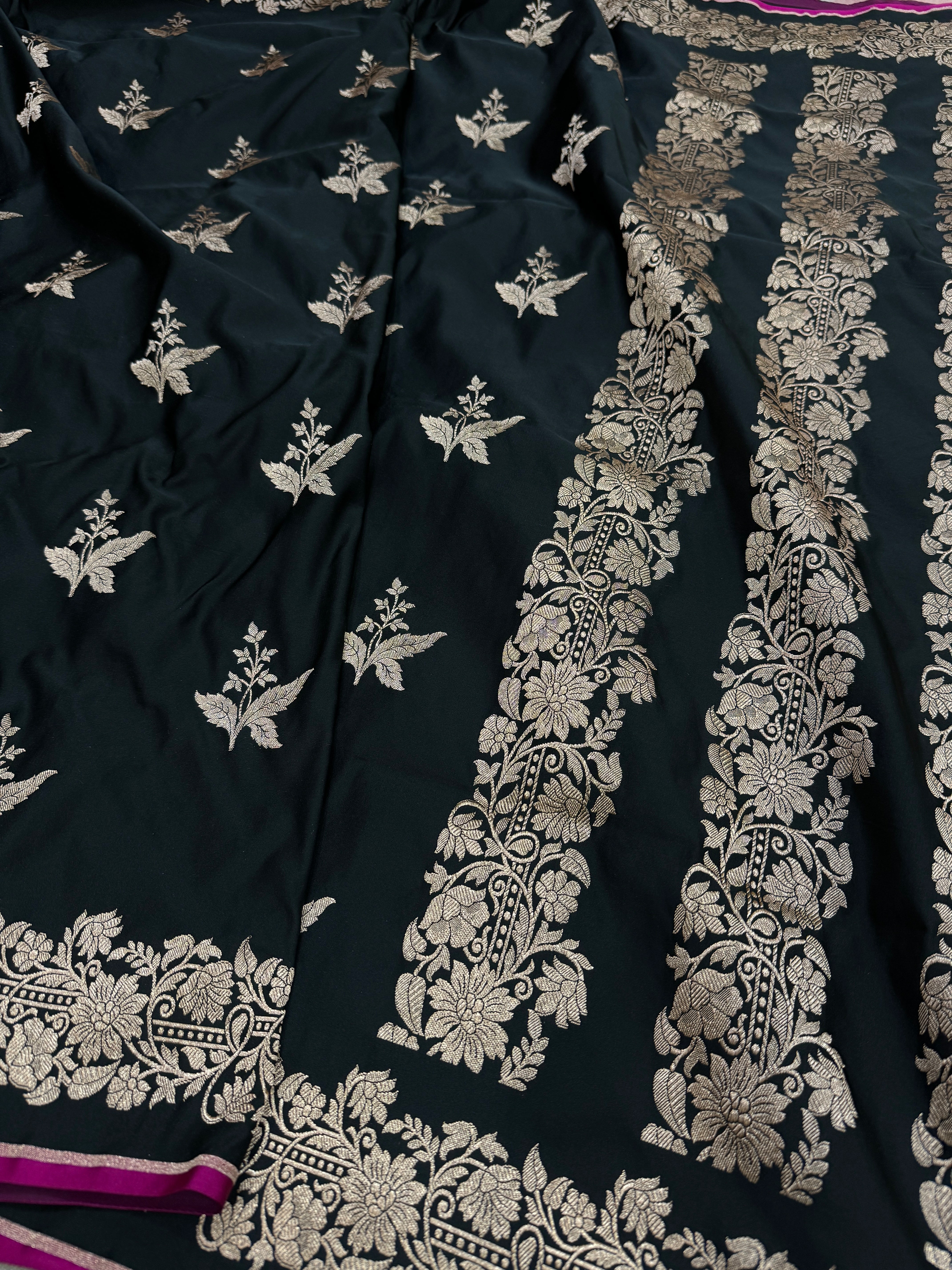 Black Floral Mashru Silk Saree