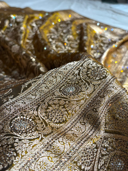 Ultra Light Weight Satin Silk Jaal With Swarovski Work in Mehendi Shades BSS13