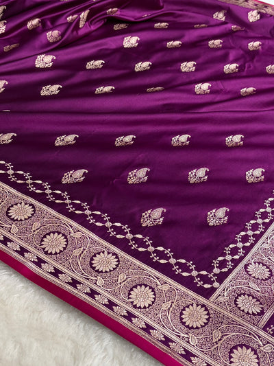 Magentic Wine Shades Banarasi Boota Pattern Floral Mashru Silk Saree MSM-114