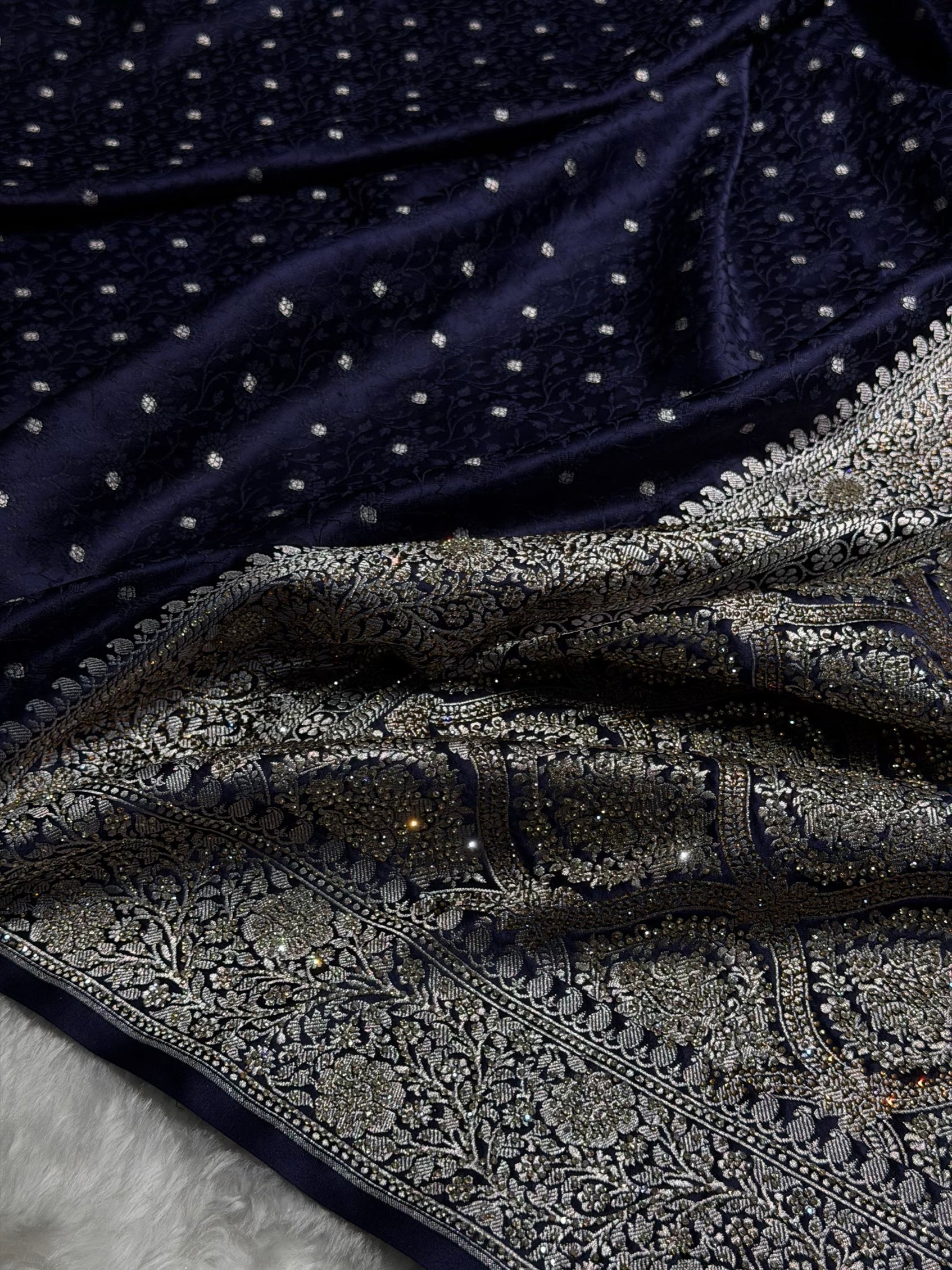 Navy Blue Shades Booti Tanchoi With White Swarovski Work Mashru Silk Saree BMS49