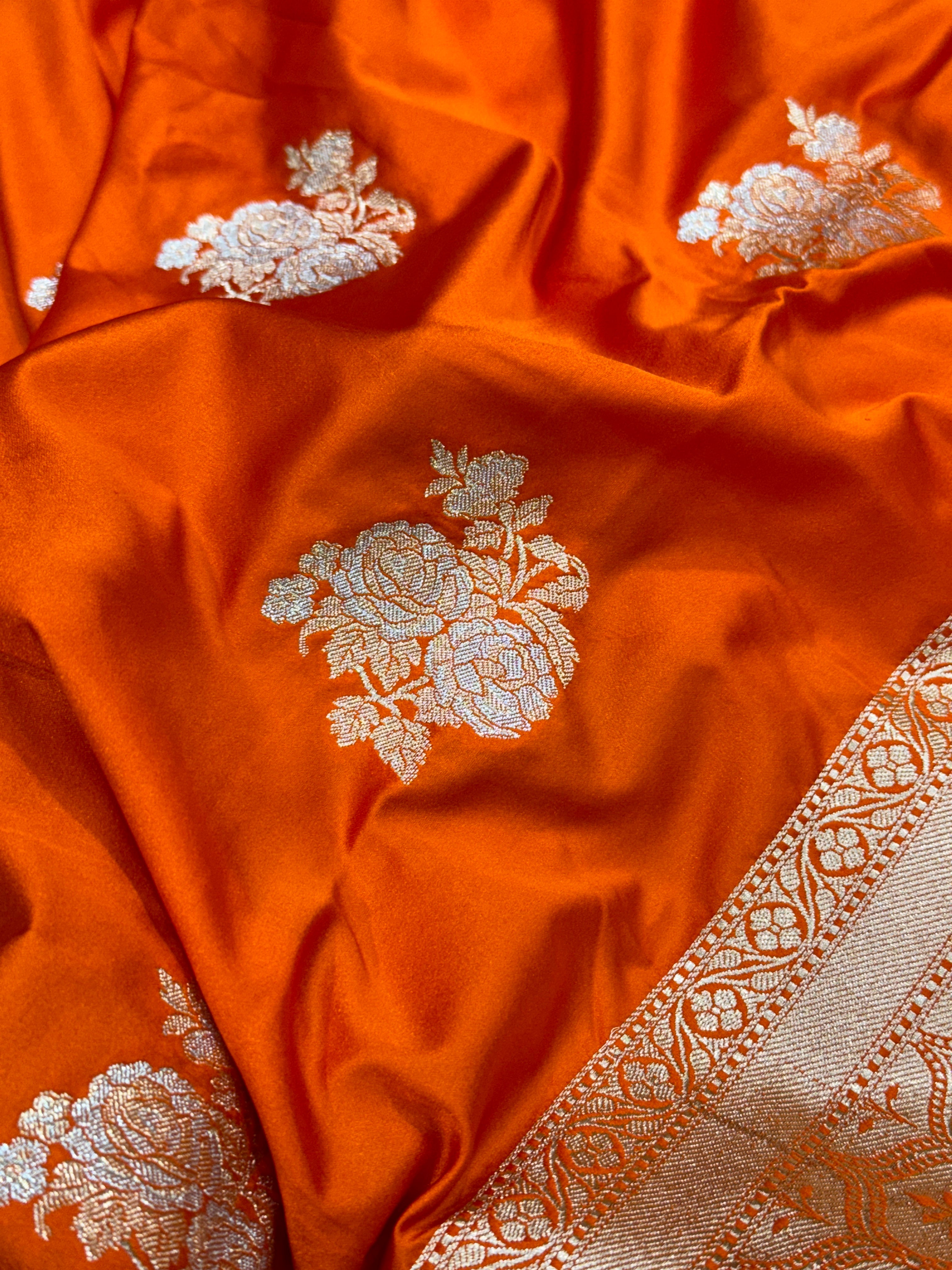 Orange Sona Rupa Floral Motif Mashru Silk Saree