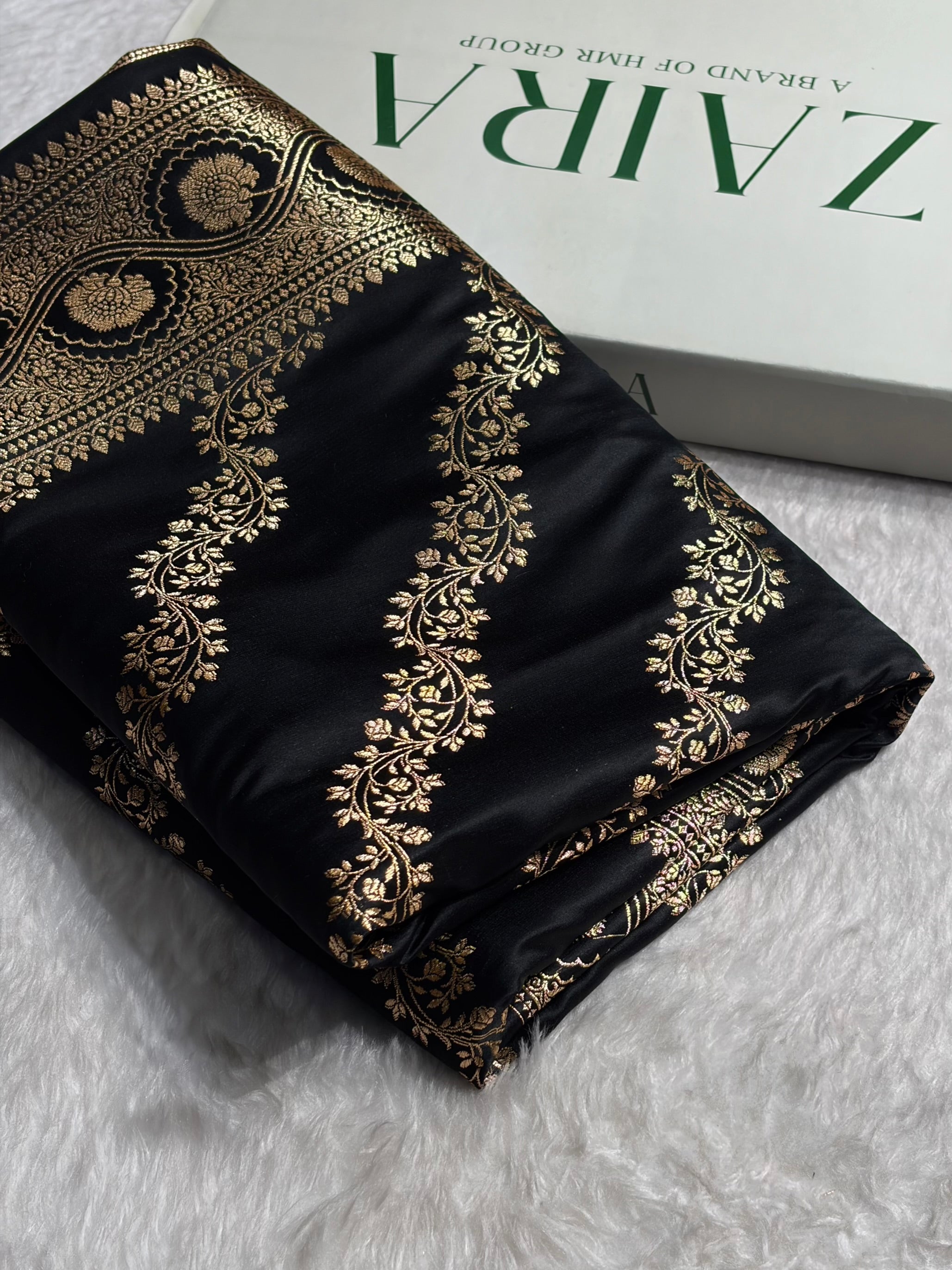 Black Floral Cross Pattern Satin Katan Silk Saree SK74