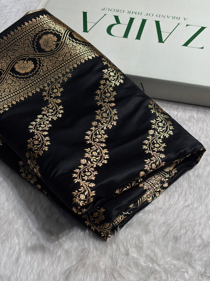 Black Floral Cross Pattern Satin Katan Silk Saree SK74