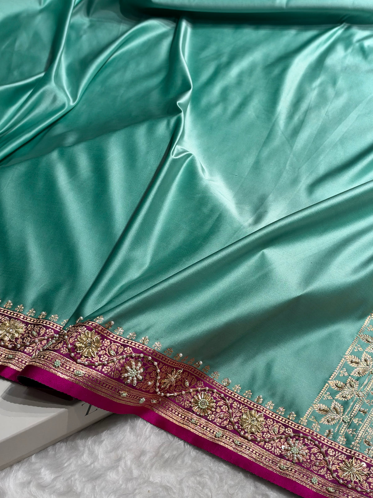 SeaGreen and Rani Contrast Banarasi Satin Katan Saree With Aari Zardozi Work Boota in Cross Green Shades BSK131