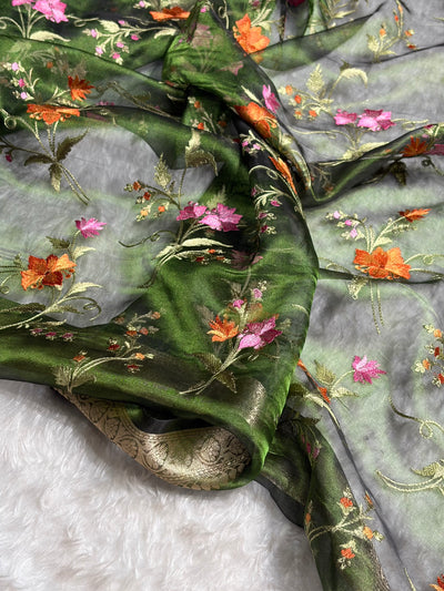 Bottle Green Shades With Floral Embroidered Pure Tissue Silk Saree with Brocade Blouse PTE-09