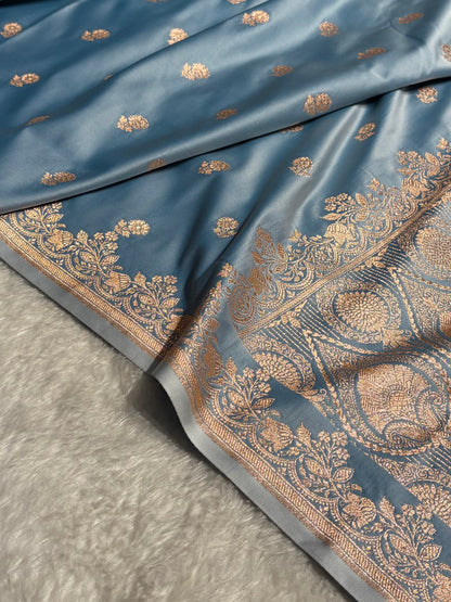 Banarasi Satin Katan Saree With Boota in Sky Blue Shades SK113
