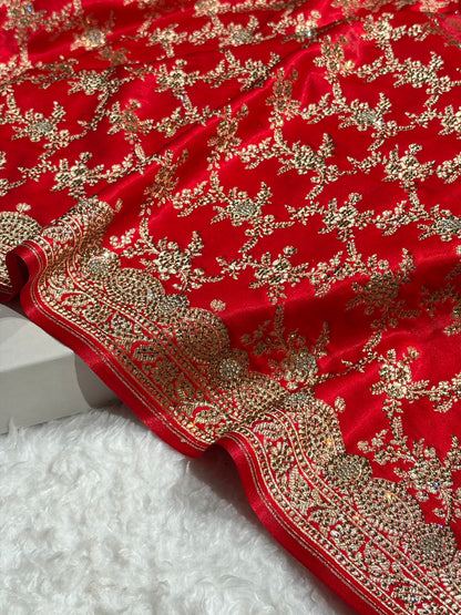 Bridal Red Satin Silk Jaal with Swarovski Stone Work & brocade Blouse BSS16