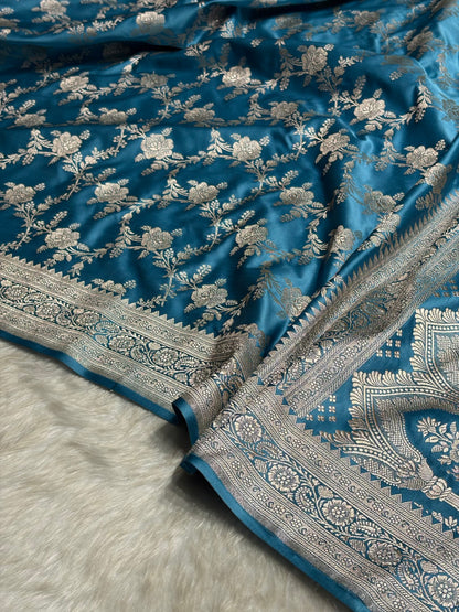 Sky Blue Floral Jaal Mashru Silk Saree  MS28