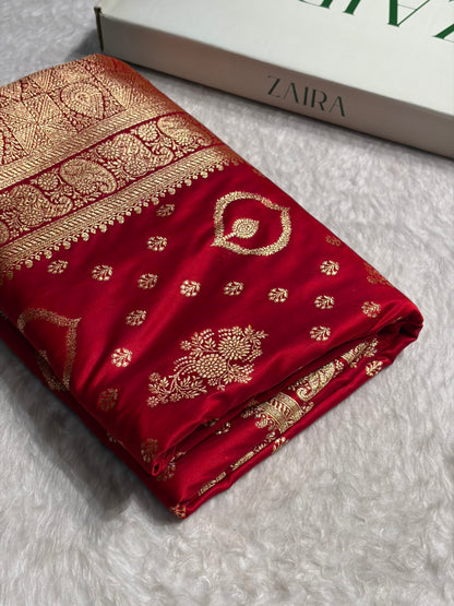 Banarasi Satin Katan Saree With Unique Boota in Red Shades SK92