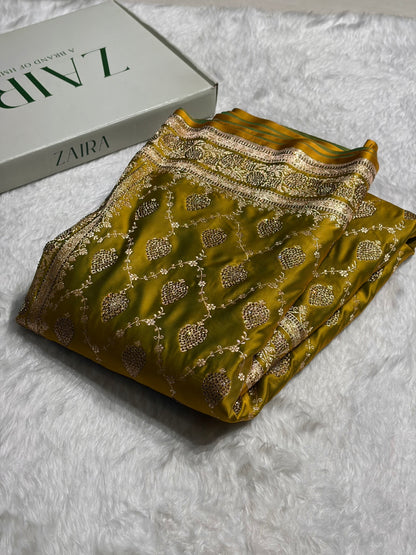 Mehandi Green Floral Jaal Pattern with Sewarovsi Work Satin Katan Silk saree BSK42