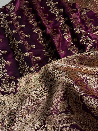 Wine Shades Banarasi Cross Jaal With Stone Work Satin Silk Saree BSS11