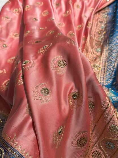 Light Pink with Blue Contrast Floral Boota With Swarovski & Zardozi Work Satin Katan Silk saree BSK27