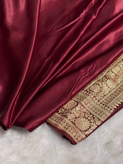 Garnet Unique Boota Pattern Satin Katan Silk Saree SK69