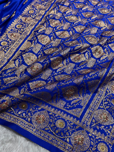Banarasi Satin Katan Saree With Aari Zardozi Work Boota in Royal blue Shades BSK98