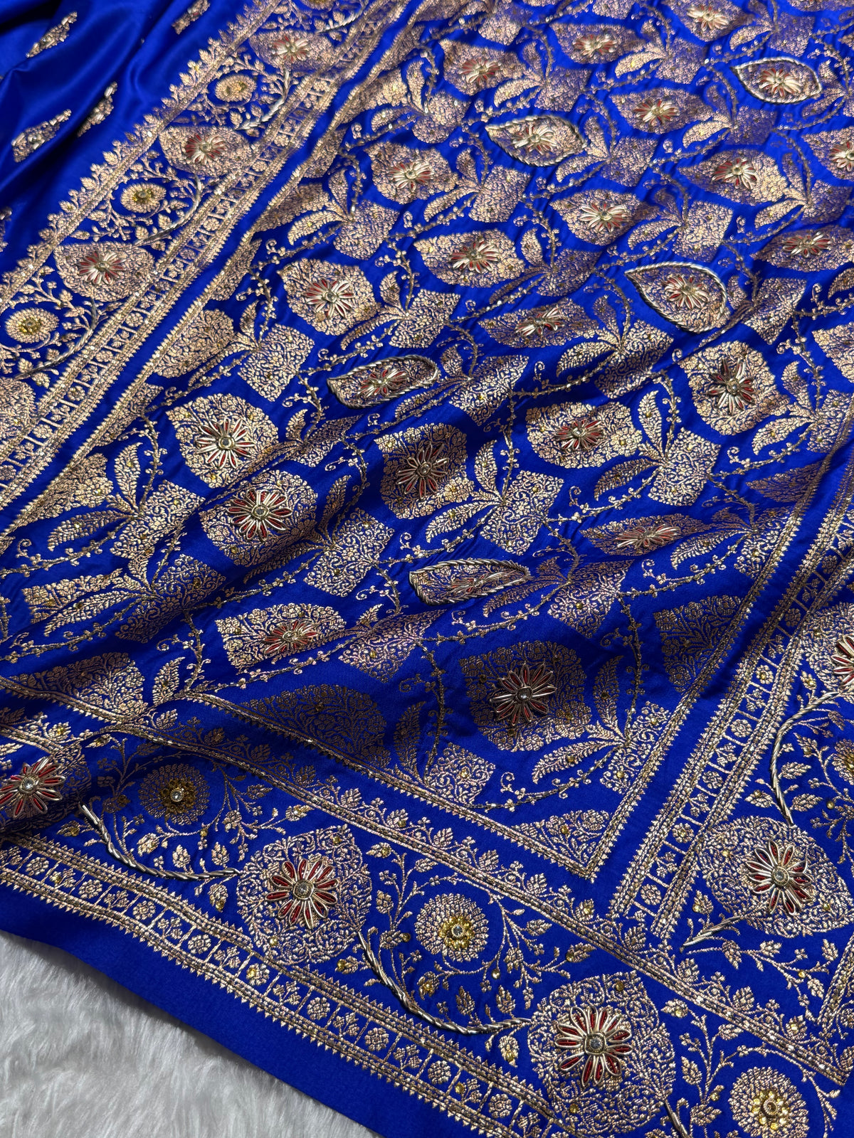 Banarasi Satin Katan Saree With Aari Zardozi Work Boota in Royal blue Shades BSK98