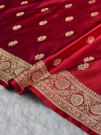 Cross Maroon Floral Boota Pattern Satin Katan Silk Saree SK71
