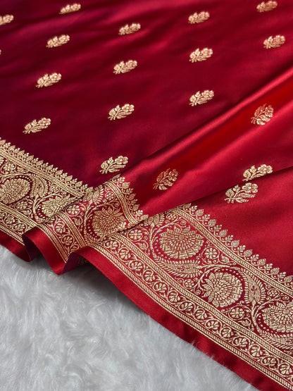 Cross Red Floral Boota Pattern Satin Katan Silk Saree SK71