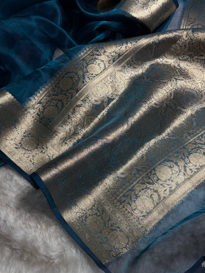 German Blue Shades Pure Tissue Silk Saree with Brocade Blouse PT-18