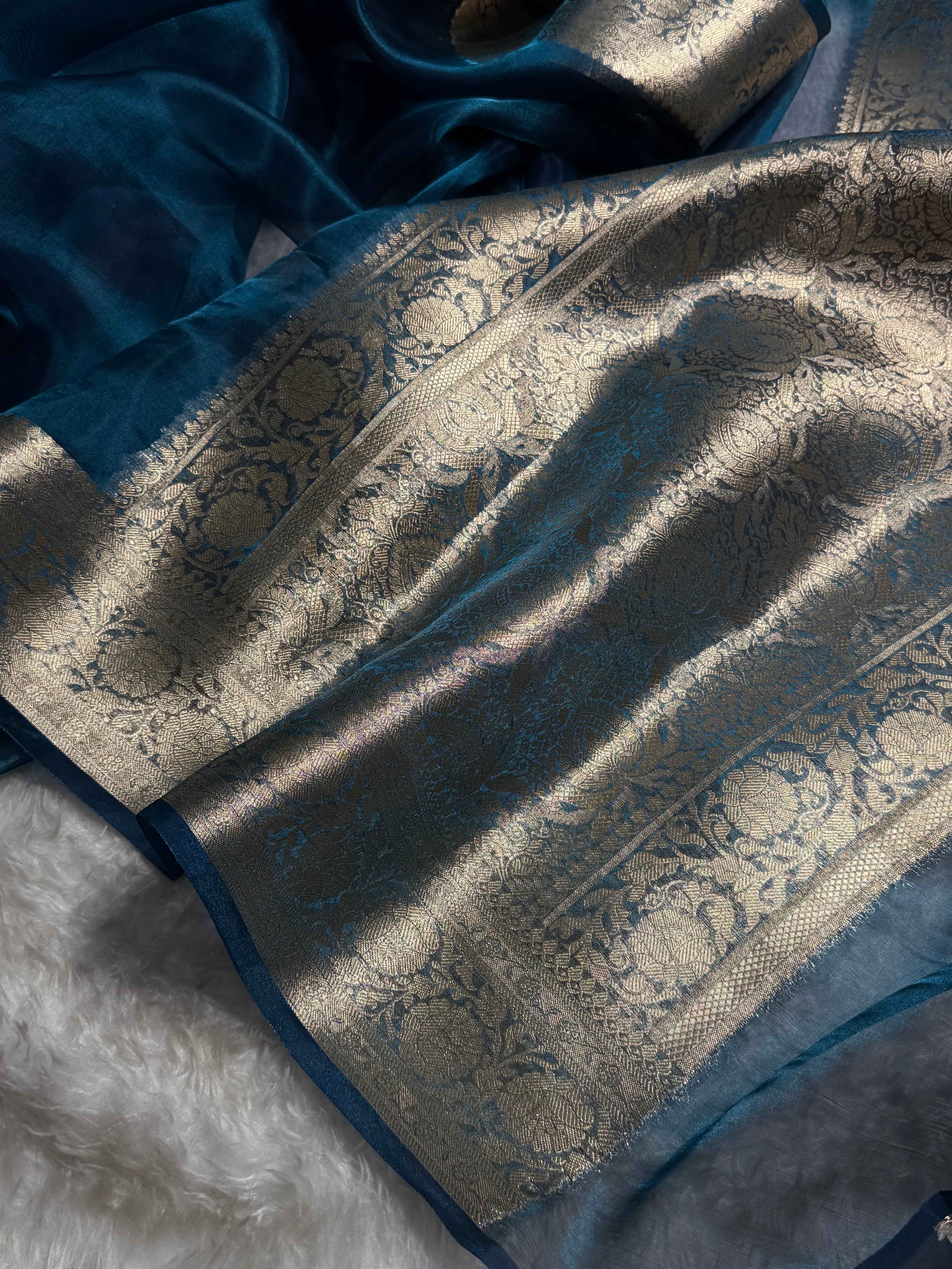German Blue Shades Pure Tissue Silk Saree with Brocade Blouse PT-18