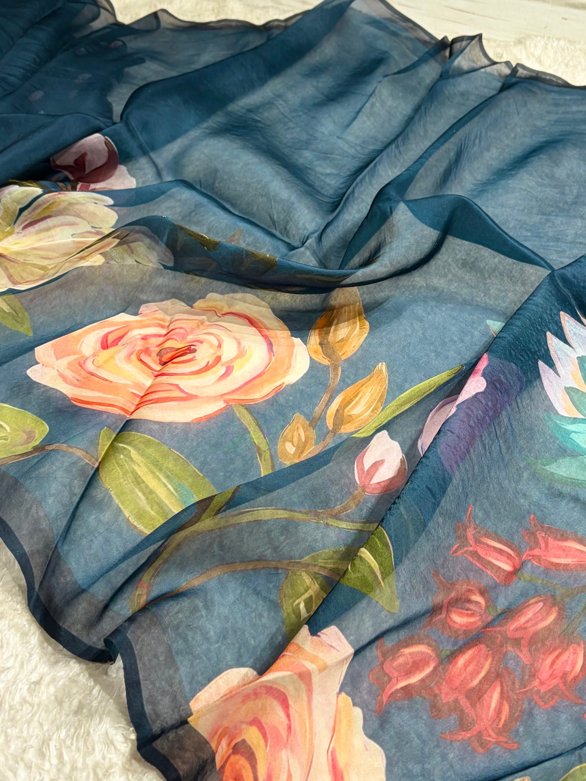 Navy Blue Organza with Pastel Multicolor Florals POP10