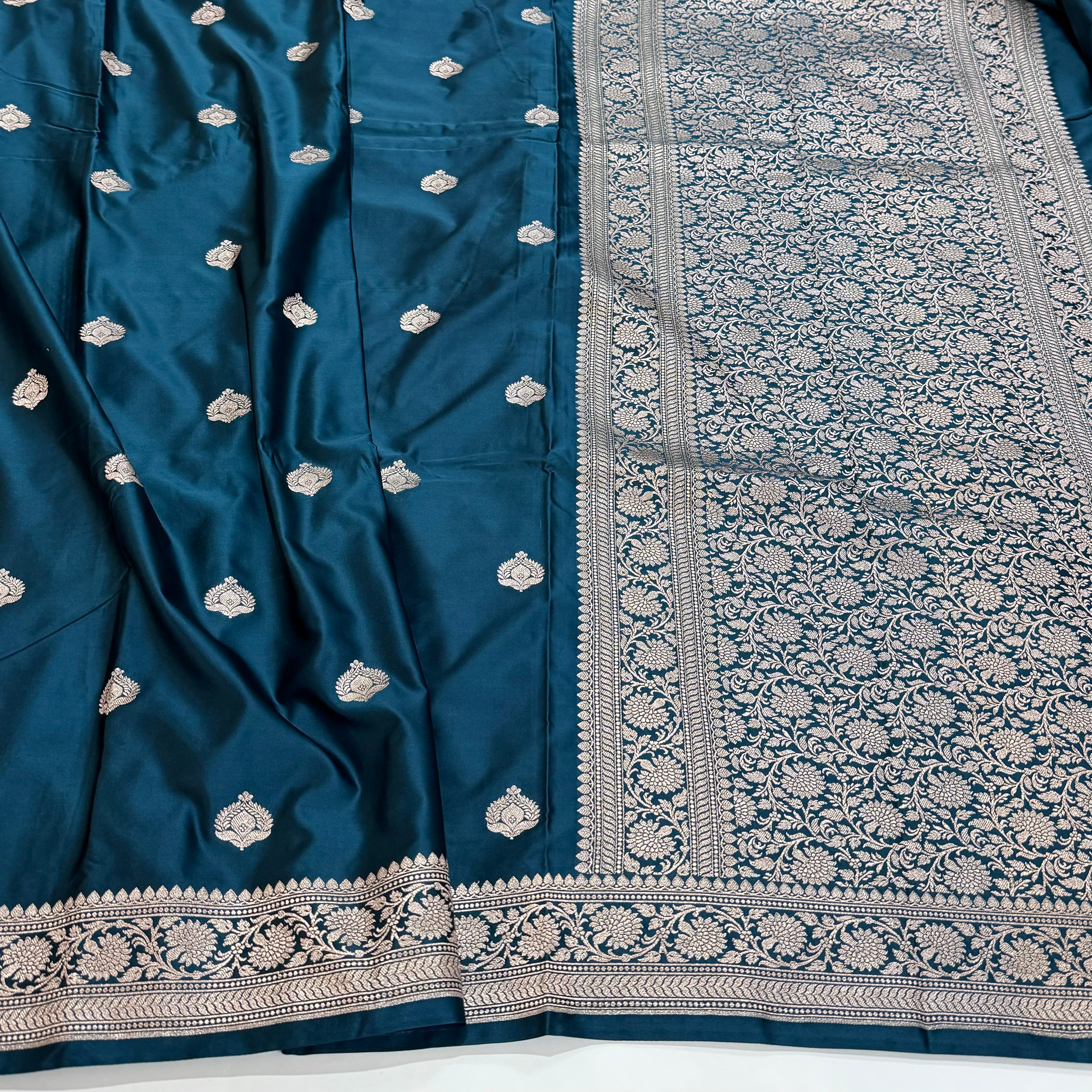 Dark German Blue Boota Mashru Silk Saree