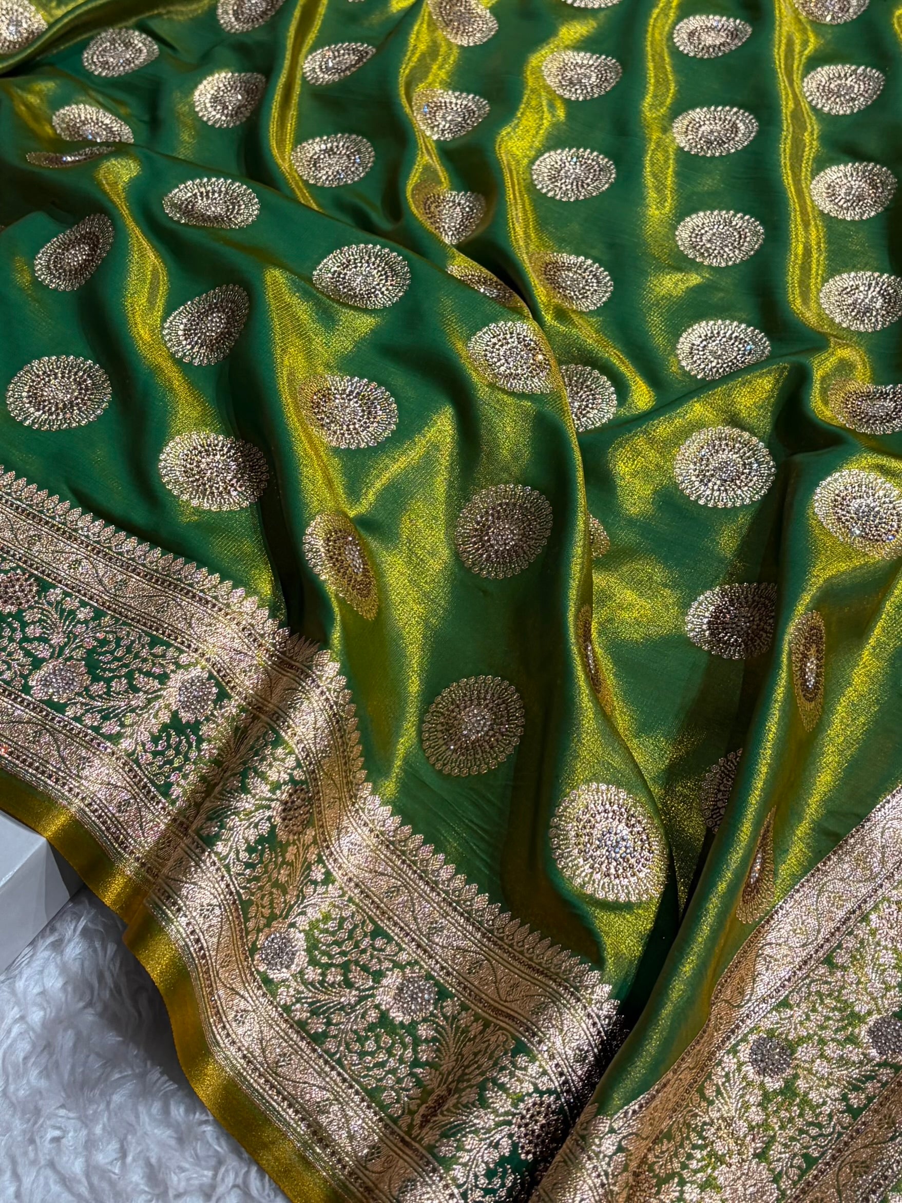 Liril Green Shades Banarasi With Swarovski Stone Work Satin Silk Saree BSS33