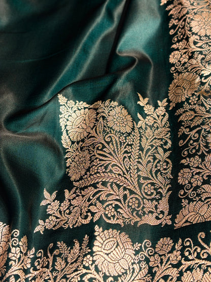 Dark Peacock Shades Floral Border Mashru Silk Saree