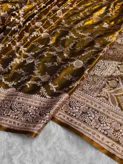 Light Weight Mehendi Satin Silk Saree with Swarovski work BSS14